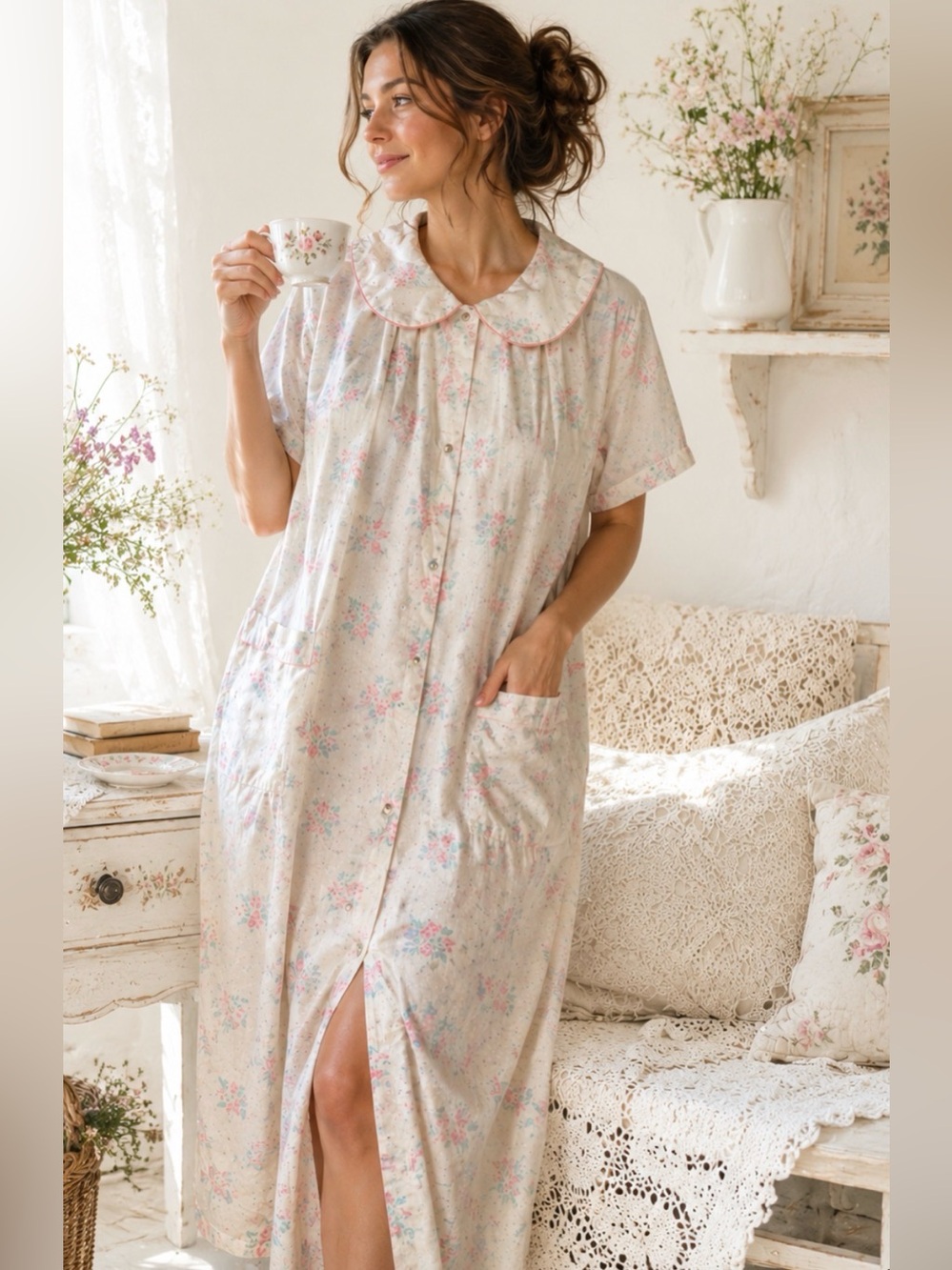 Size Appeal Vintage Country Floral Button-Up Nightgown Robe Lounging Dress XL